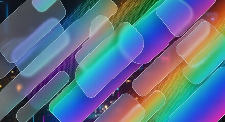 Frosted translucent depth is achieved with holographic foil and diagonal gradient mesh. Futuristic technology concept