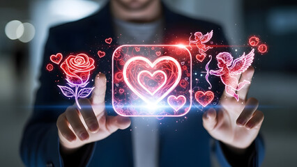 Person Interacting With Digital Love Icons On A Screen