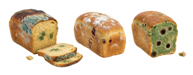 Three Loaves of Moldy Bread with Green and White Fungi on White Background