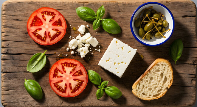 Feta cheese, sliced tomatoes, basil, and caper berries on rustic