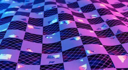 Layered depth optical illusion is created with a paper-cut checkerboard and neon night palette. Surreal futuristic concept