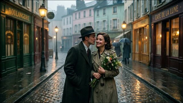 A romantic couple strolling through a rainy vintage street, sharing an intimate Valentine&rsquo;s Day moment as they smile and hold flowers under soft, nostalgic lights.