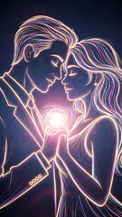 Stylized glowing outline of a couple embracing in space