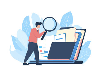 Businessman holding magnifying glass searching large folder files on laptop screen with documents in flat minimalist style vector illustration