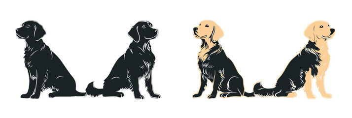 Set of four black and golden retriever dog silhouettes sitting side view hand drawn vector illustration animal pet breeds flat minimalist style