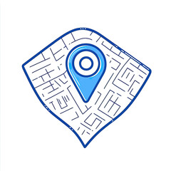 Blue hand drawn location pin marker on abstract street map doodle vector illustration for navigation and GPS concept design