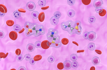 Taurine molecule - isometric view 3d illustration