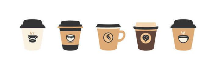 Set of five different minimalist coffee cup icons with lids and mugs showing various coffee logos and steam symbols in warm neutral colors flat vector design
