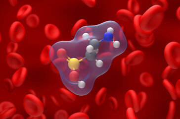 Taurine molecule - closeup view 3d illustration