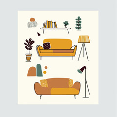 Minimalist flat vector illustration of modern living room interior with two sofas, decorative plants, floor lamps, wall shelf with books in doodle sketch style for home decor design inspiration