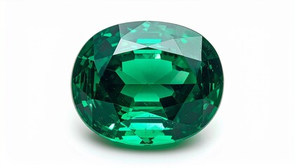 "Faceted oval emerald gemstone with vivid green brilliance and polished reflective facets on white background"