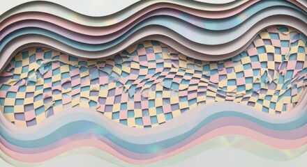 Pastel soft seamless layout is designed with paper-cut waves and checkerboard textures. Calming surreal concept