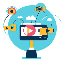 Digital marketing video streaming concept with play icons, online media content, cloud connections, and computer monitor flat vector illustration