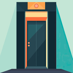 Minimalist flat vector illustration of modern elevator doors in geometric style with dark frame and orange accents on light teal background