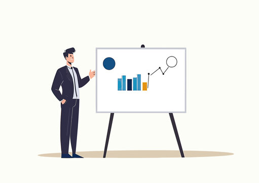 Confident businessman presenting growth chart and bar graph on whiteboard during sales pitch or business presentation in minimalist vector style - Powered by Adobe