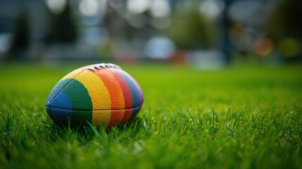 Colorful rugby ball placed on green grass in a sports field