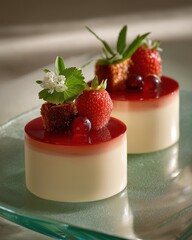Dessert with strawberries and cream on a clear plate
