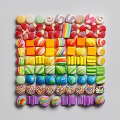 Colorful candy arrangement in a square pattern on a gray surface