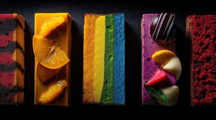Colorful cake slices on a dark surface in a bakery setting