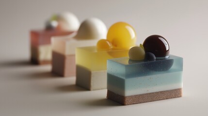 Colorful jelly desserts on display at a culinary event in the evening
