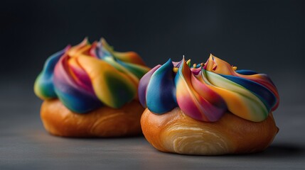 Colorful dessert stands out on a gray background with smooth texture