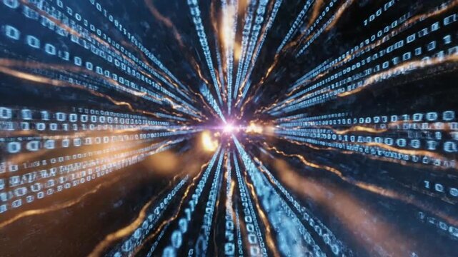 A futuristic video tunnel of binary code streaming through a bright light in a dark background