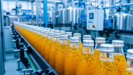 Silver metal cans moving on industrial conveyor belt