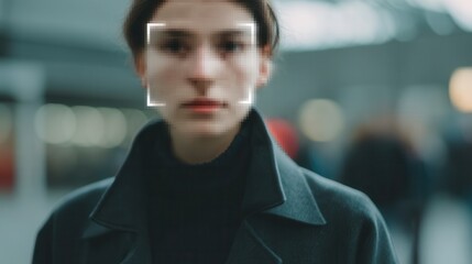 Young woman's face pixelated with an active facial recognition system scanning in a public space. Representing themes of surveillance. Privacy. Biometrics. Artificial intelligence