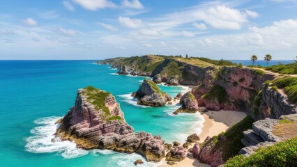 Tropical Island with Rocky Coastline and Turquoise Sea.