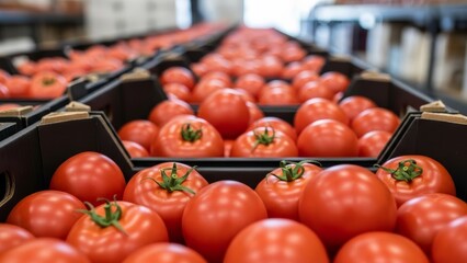 Stack of black crates with fresh red tomatoes