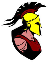 A graphic illustration depicting the head and shoulders of a Spartan or Roman warrior in profile, facing right