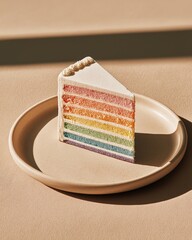 Slice of rainbow cake on a plate with neutral background