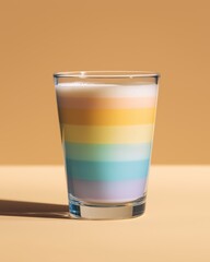 Colorful layered drink in a glass set on a simple surface