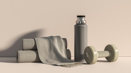 Fitness equipment on a plain surface with towels and a water bottle