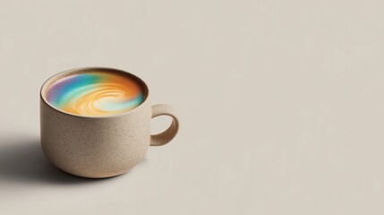 Colorful latte art fills a cup on a plain surface