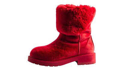 Red Plush Boot: A captivating single red plush boot that is fashion-forward in all aspects. The soft textures and dynamic lines of the boot showcase the peak of modern footwear isolated on solid white