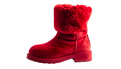 Red Plush Boot: A captivating single red plush boot that is fashion-forward in all aspects. The soft textures and dynamic lines of the boot showcase the peak of modern footwear isolated on solid white