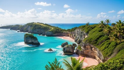 Tropical Island Beach with Rocky Outcrops and Turquoise Sea.