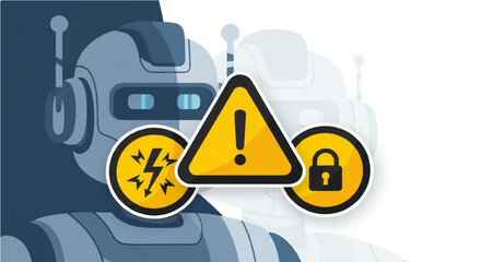 Robot and Warning Signs Electricity and Lock Icons Representing Security and Danger