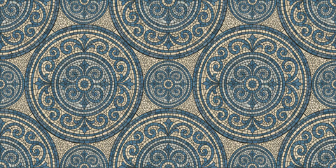 Pattern mosaic tile background in greek texture with blue and seamless design. Vector illustration with ornate curves and borders for web or print. Geometric sea motif for tiles and decor.