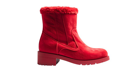 Red Plush Boot: A captivating single red plush boot that is fashion-forward in all aspects. The soft textures and dynamic lines of the boot showcase the peak of modern footwear isolated on solid 2