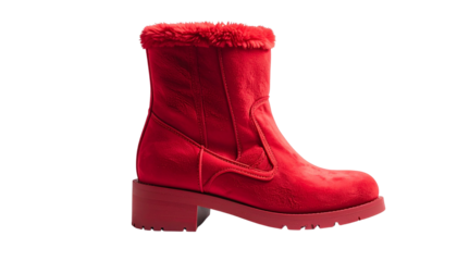 Red Plush Boot: A captivating single red plush boot that is fashion-forward in all aspects. The soft textures and dynamic lines of the boot showcase the peak of modern footwear isolated on solid 2