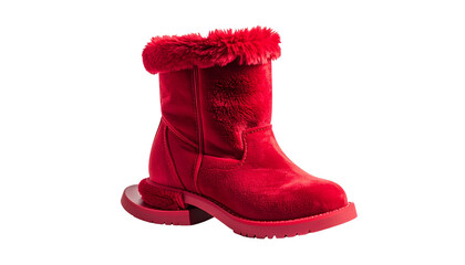 Red Plush Boot: A captivating single red plush boot that is fashion-forward in all aspects. The soft textures and dynamic lines of the boot showcase the peak of modern footwear isolated on solid1