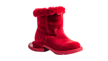 Red Plush Boot: A captivating single red plush boot that is fashion-forward in all aspects. The soft textures and dynamic lines of the boot showcase the peak of modern footwear isolated on solid1