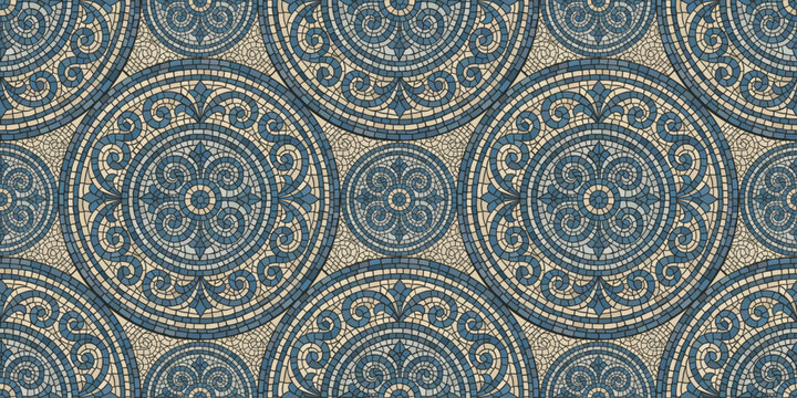 Pattern mosaic tile background in greek texture with blue and seamless design. Vector illustration with ornate curves and borders for web or print. Geometric sea motif for tiles and decor.