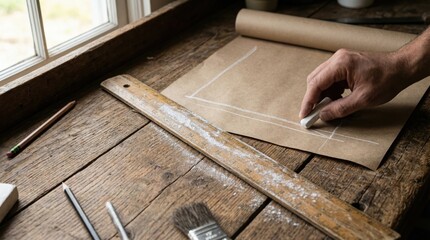 Rustic workspace with drawing tools and materials on wooden table