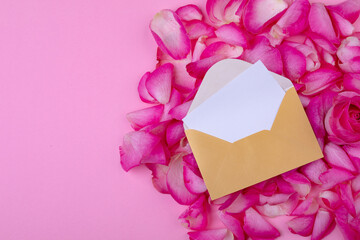 Overhead view of letter and envelope on flower petals isolated on pink background, copy space