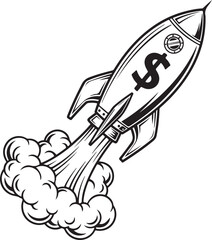 A black and white vector illustration of a detailed rocket ship soaring diagonally upward, featuring a bold dollar sign on its fuselage and thick clouds of exhaust trailing behind.