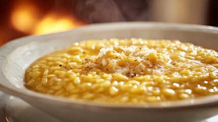 Steaming saffron risotto served in a white bowl, topped with grated cheese and pepper