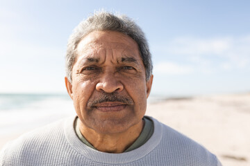 Close-up portrait of senior man with mustache at beach against sky during sunny day